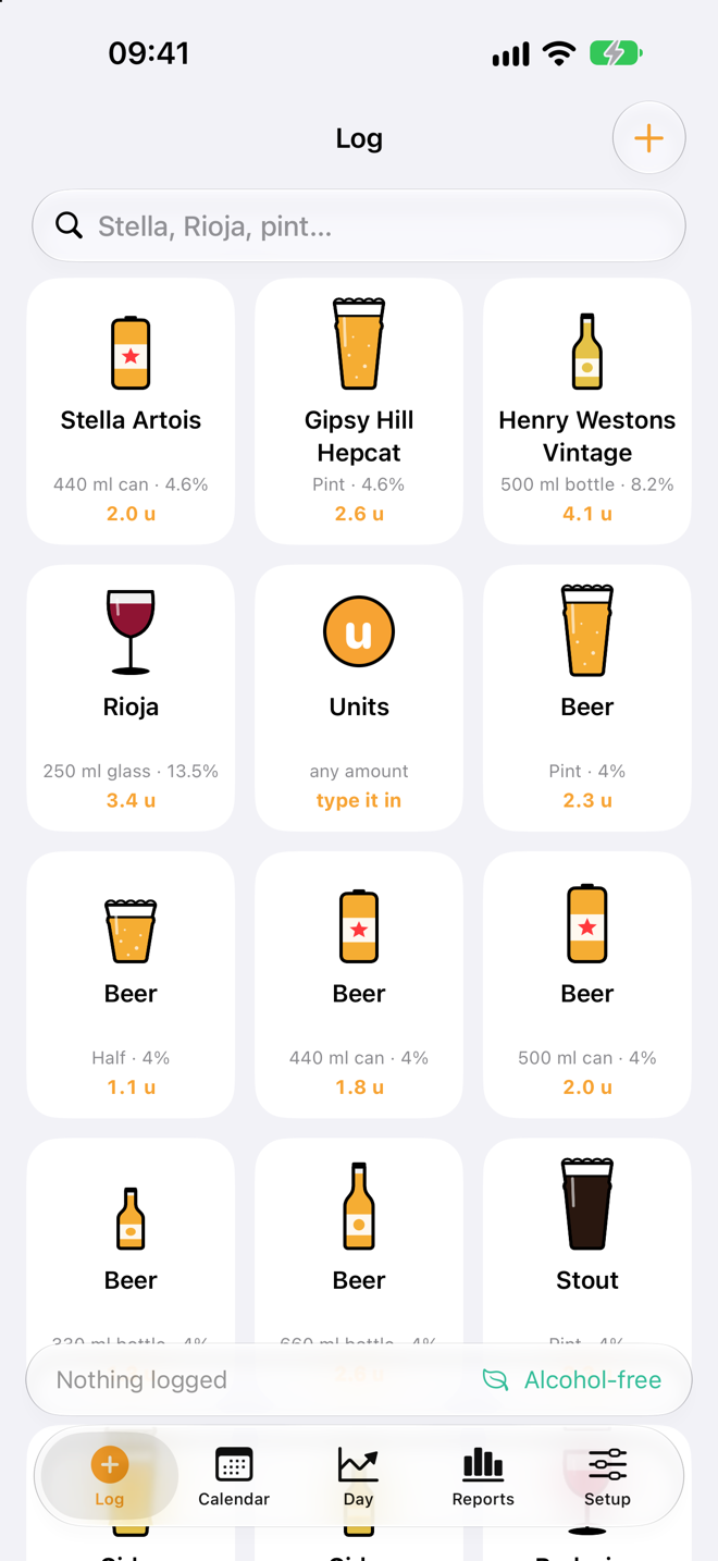 The Log screen: a grid of your usual drinks, each logged with one tap